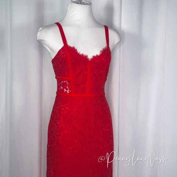 Express Red Piped Lace Midi Sheath Dress - Picture 4 of 16